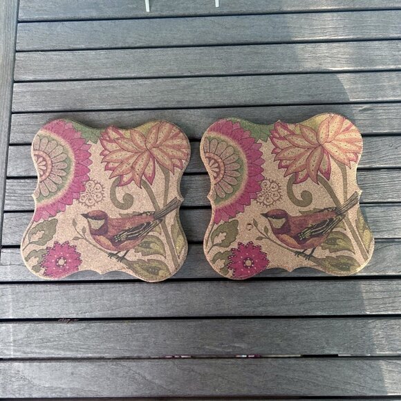 Colorful Bird and Flower Scalloped Cork Trivet Hot Plate Set of 2 - Picture 6 of 7